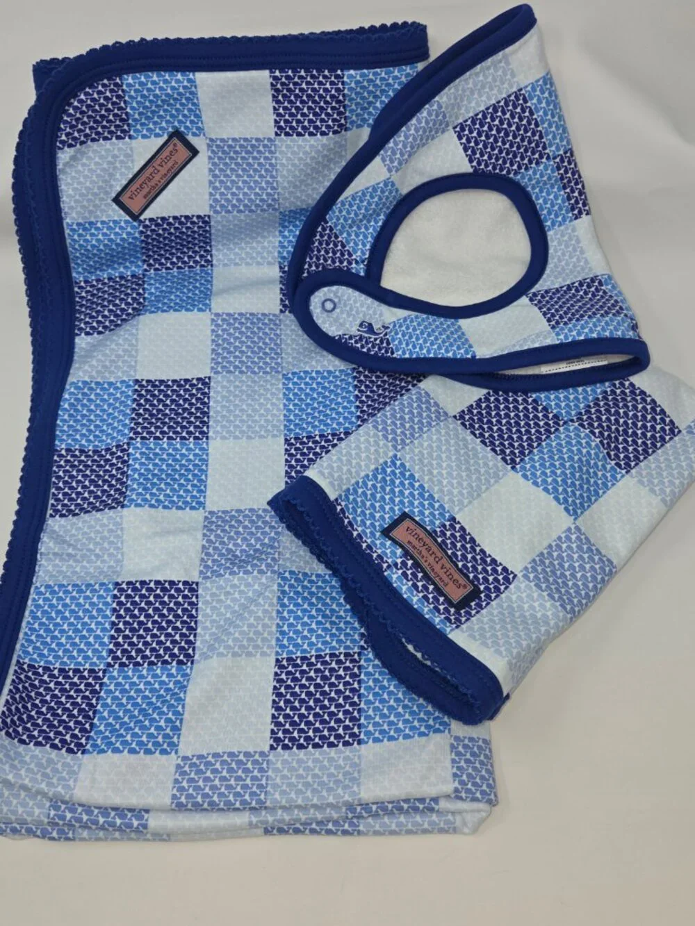 Vineyard Vines 3 Piece Blanket, Burp Cloth, and Bib Set, Blue/White Check Design